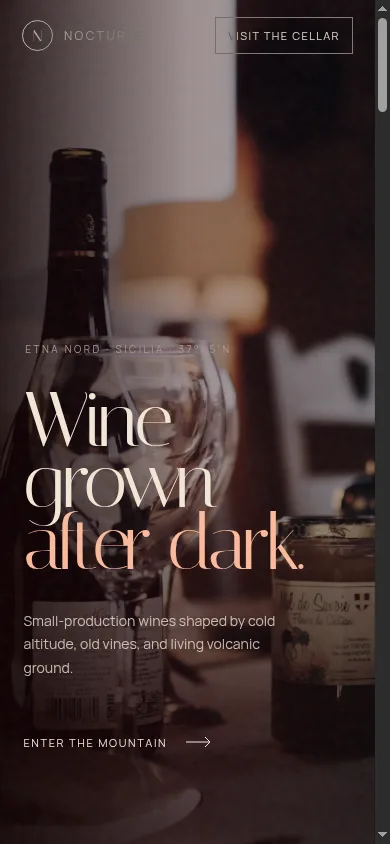 Nocturne Cellars mobile website opening view